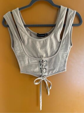 PrettyLittleThing Beige Lace-Up Corset Crop Top